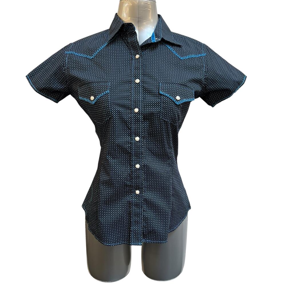 Rough Stock Panhandle Slim Women’s Small Western Pearl Snap Shirt Black Blue